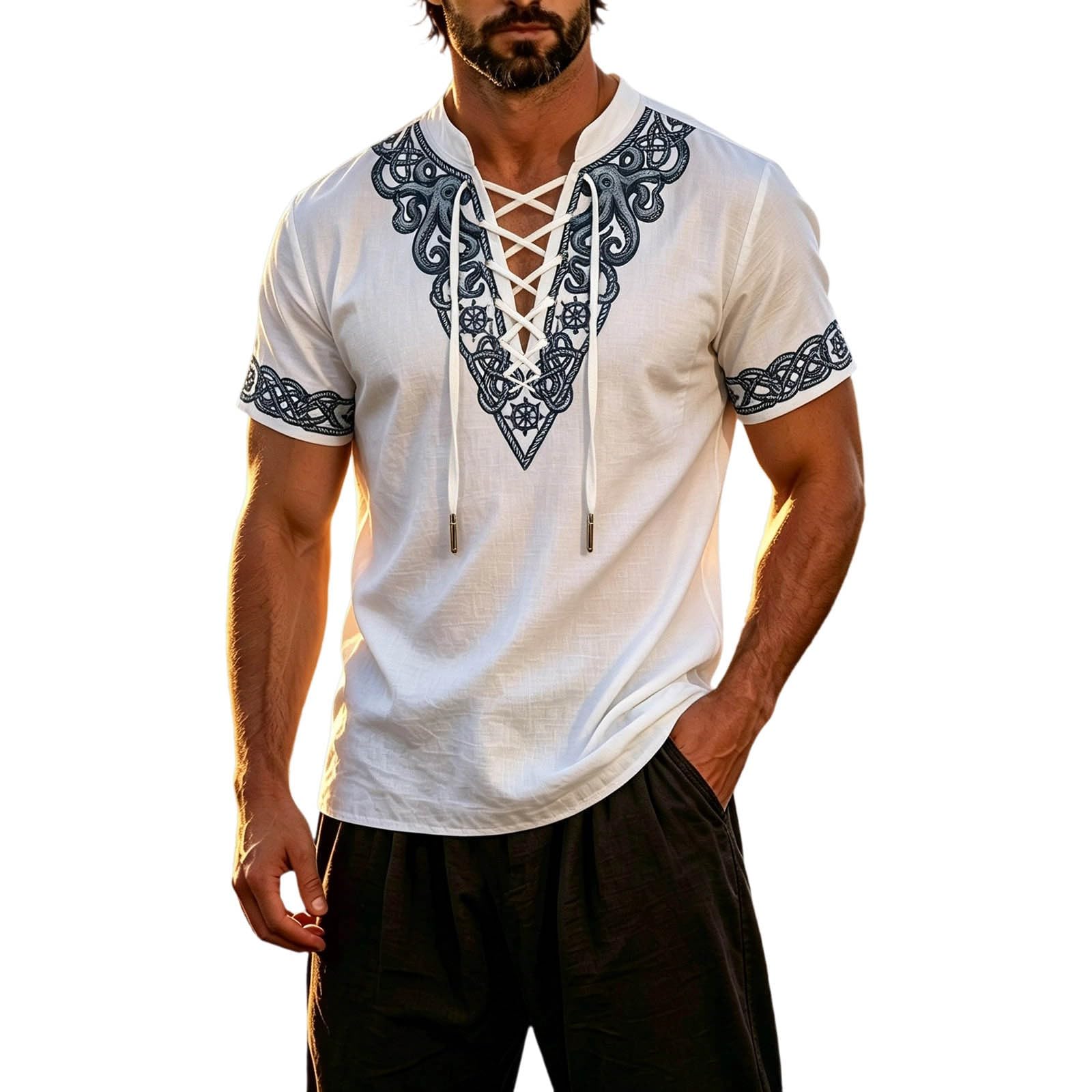 Summer Shirts For Men Short Sleeve Medieval Pirate Scottish Ghillie Shirt