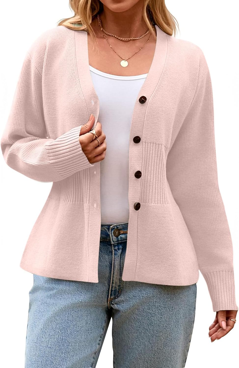 Womens V Neck Cardigan Sweaters Dressy Long Sleeve Cinched Waist Knit Tops Fall Casual Button Up Sweater Outerwear
