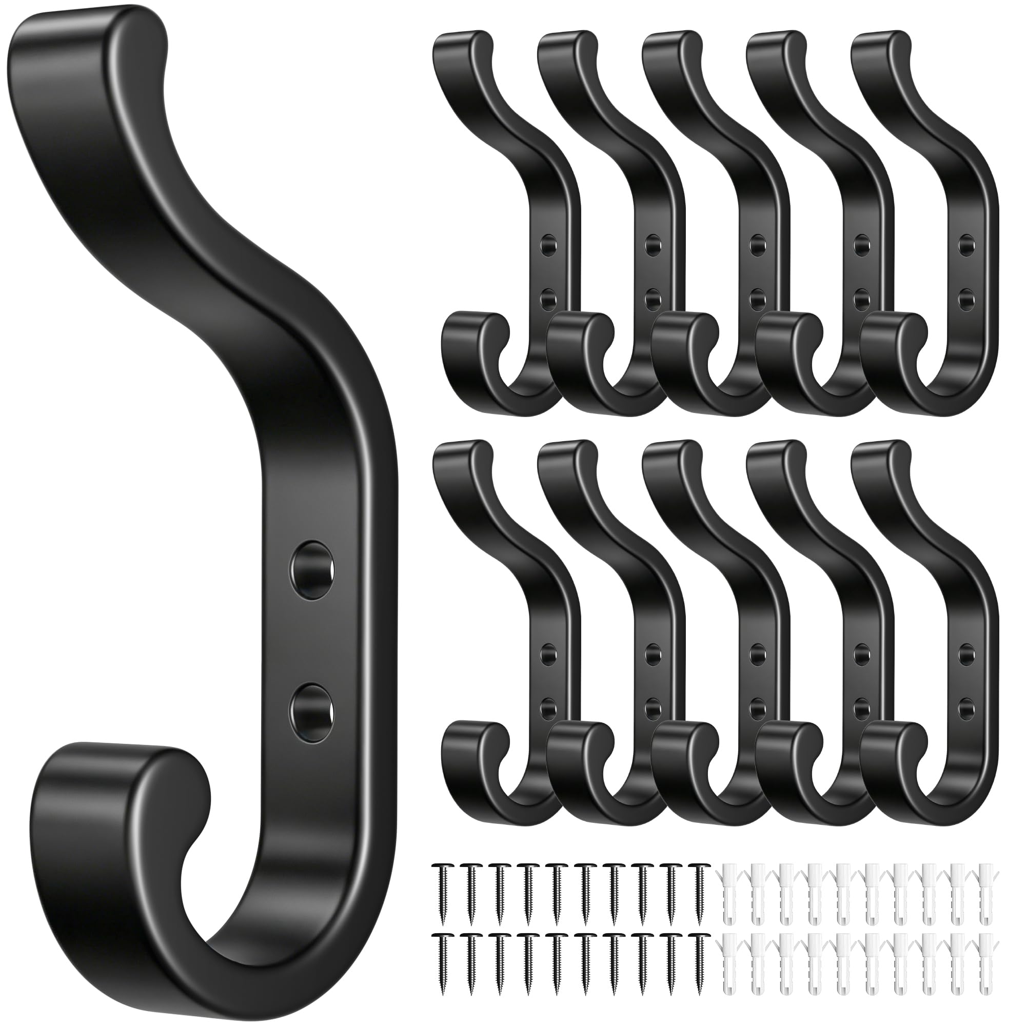 Josmimic 10 Pack Large Coat Hooks Wall Mounted, Heavy Duty Black Metal Double Hooks, Individual Screw-in Wall Hooks for Coats, Hats, Towels and Bags, Strong Coat Hooks up to 13.5 kg