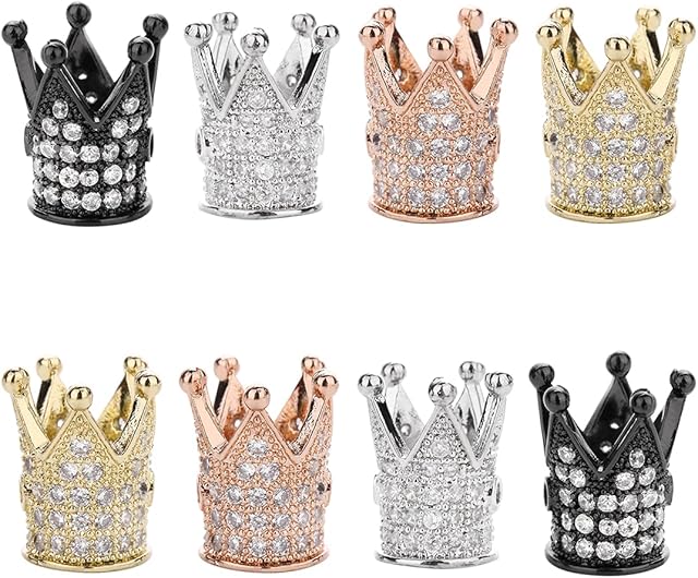 8 Pcs Cubic Zirconia Crown Beads, 12x8mm Mixed 4 Color Brass Micro Pave Crown Spacer Beads Bracelet Connector Charm Beads for Mens Bracelet Charms and DIY Jewelry Making