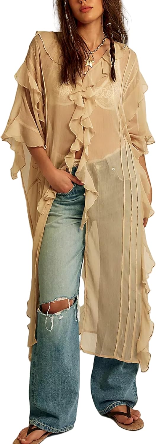 NUFIWI Women Frill Sheer Kimono Half Sleeve Ruffle Top See Through Flowy Blouse Shirt Side Split Long Chiffon Cardigans