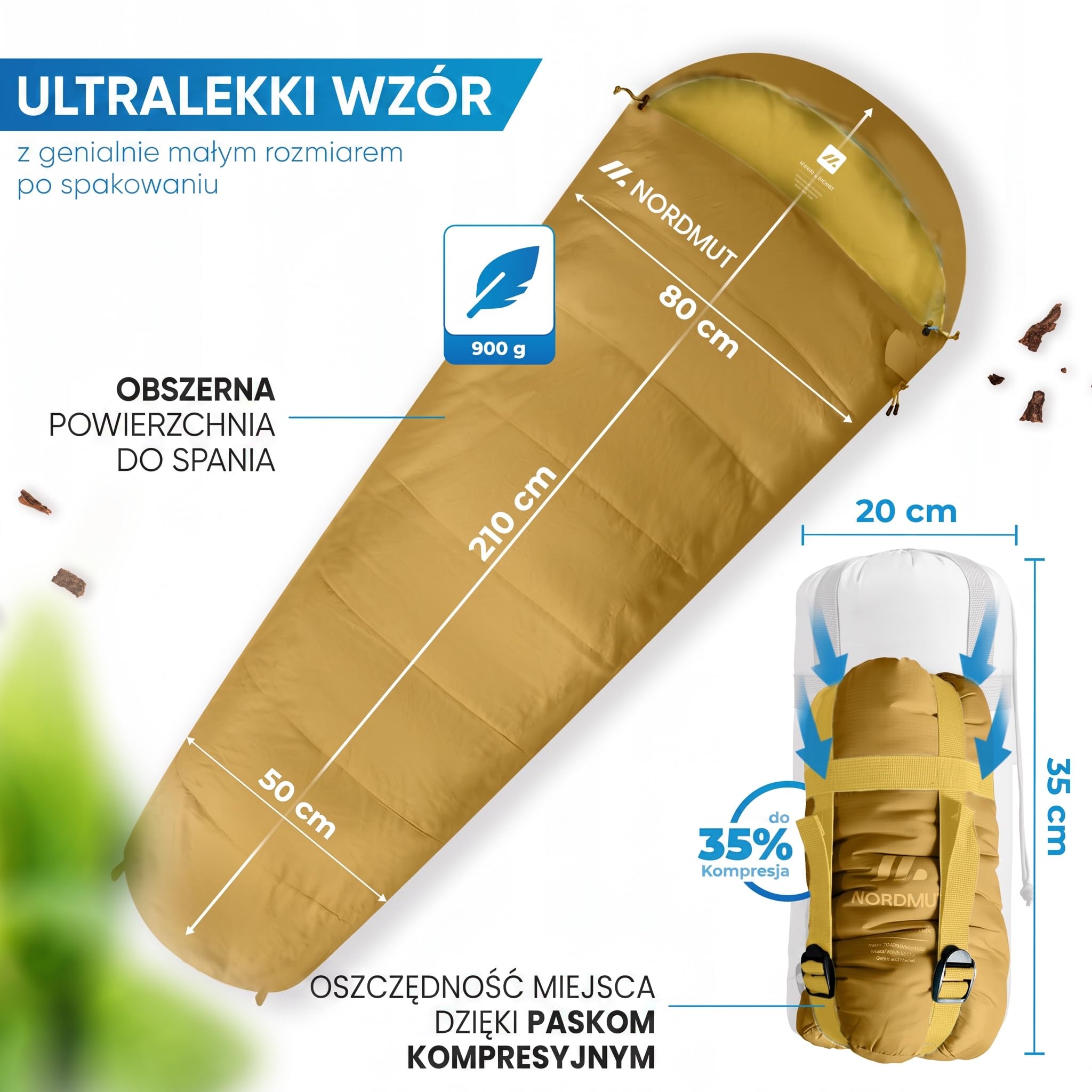 NORDMUT® Śpiwór dla Dorosłych – Mały Rozmiar Pakowania & Ultralekki (900/1500 g) – 3-Sezonowy (250 GSM) & Letni (100 GSM) –Mumia na Camping, Outdoor i Festiwale