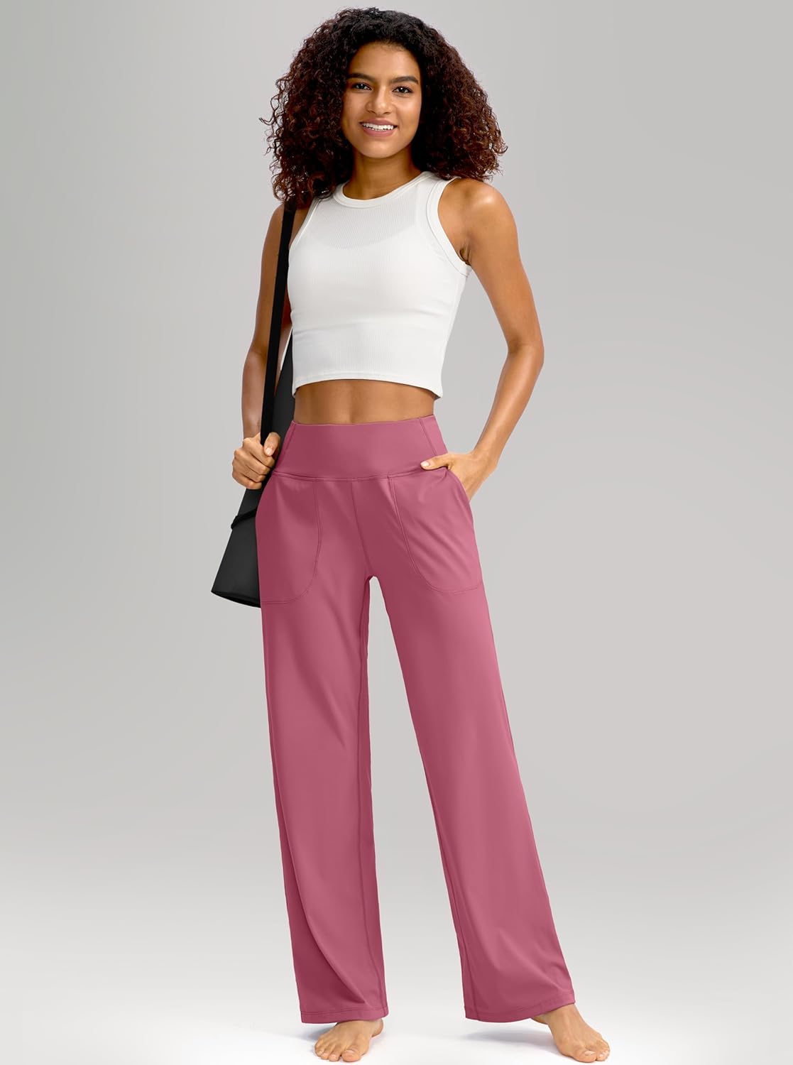 Soothfeel Wide Leg Pants for Women Yoga Work Pants with Pockets High Waist Lounge Sweatpants Dress Pants Petite/Tall 28"(Berry Rose, XL) - Image 3