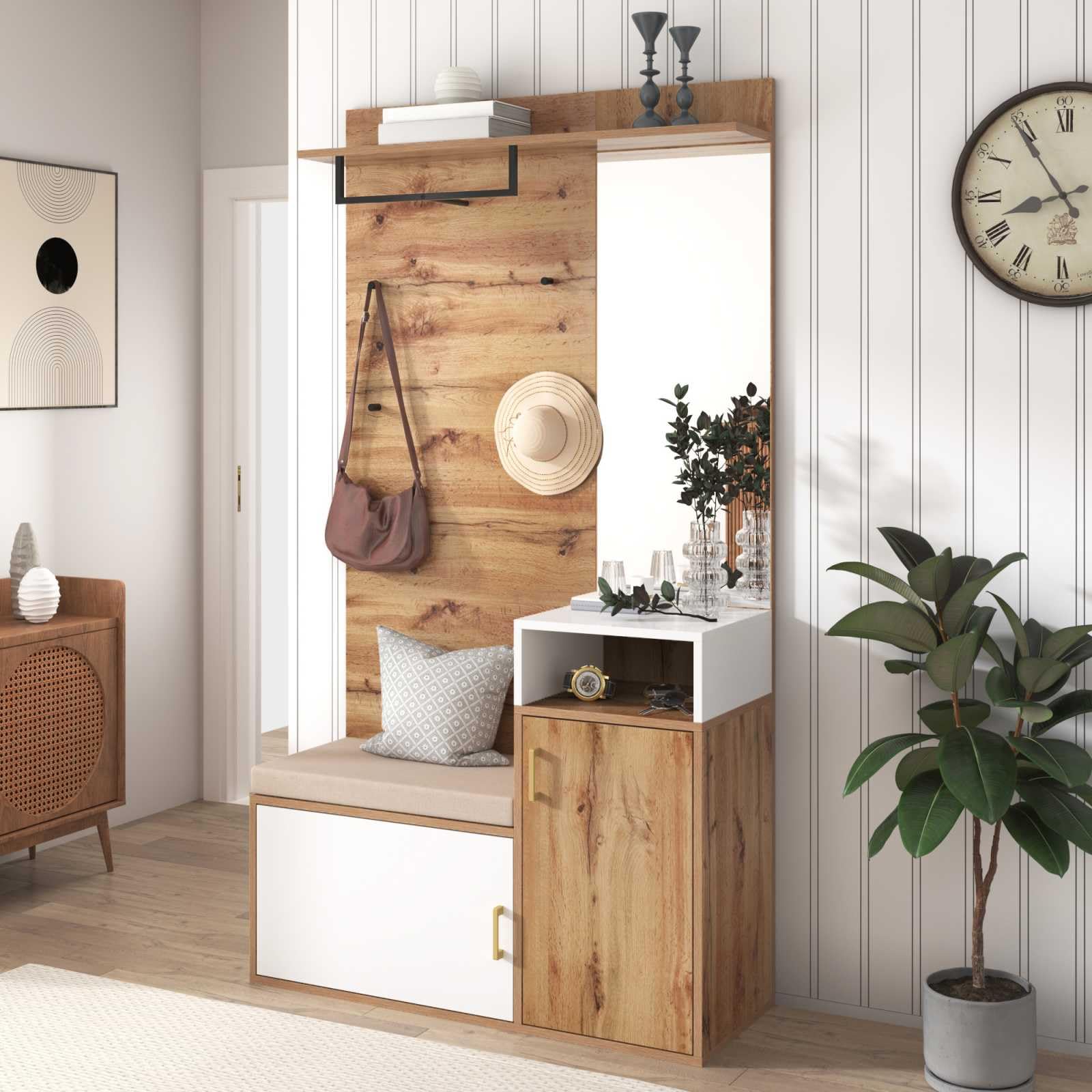 YEHTOKHOME Ensemble d'armoires,Armoire multifonctionnelle avec Miroir,Meuble à Chaussures et portemanteau Mural,Meuble d'entrée avec Banc et patères (Blanc)