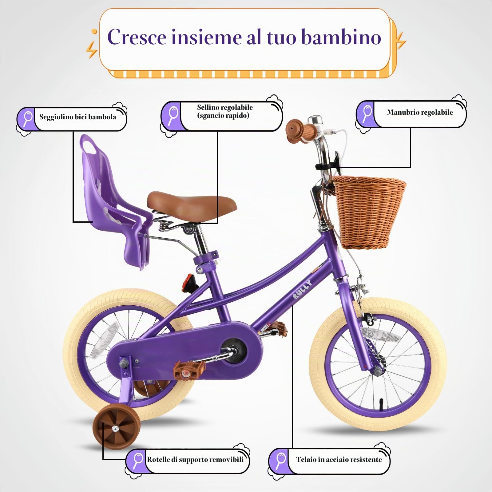 RULLY Bicicletta per Bambina 12 14 16 Pollici 2-7 Anni con Seggiolino per Bambola, Rotelle, Cestino e Nastri