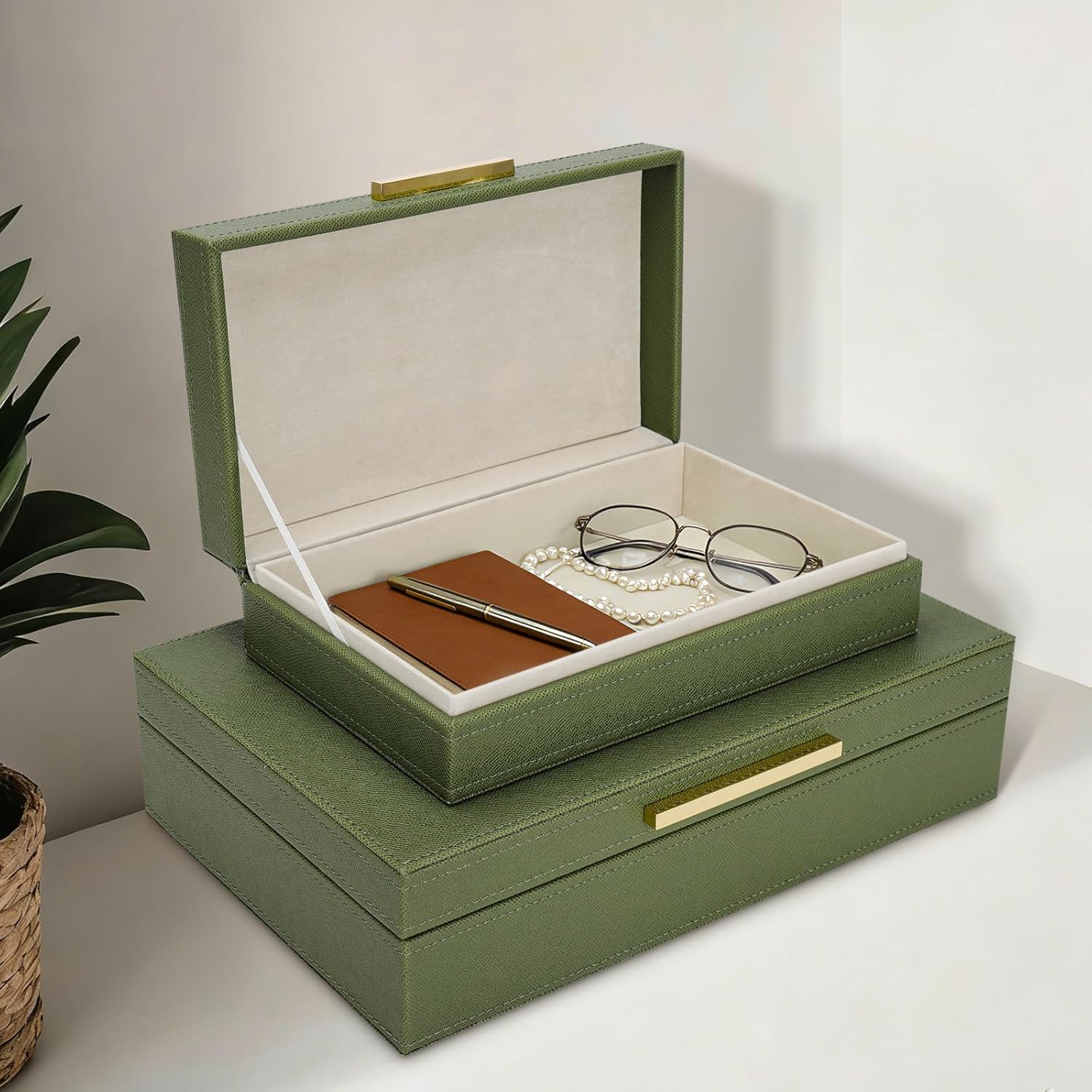 Decorative Storage Boxes with Lids, Set of 2 PU Leather Memory Box for Keepsakes, Beautiful Large Decorative Box for Home Decor – Safely Store Jewelry, Documents & Photos (Sage)