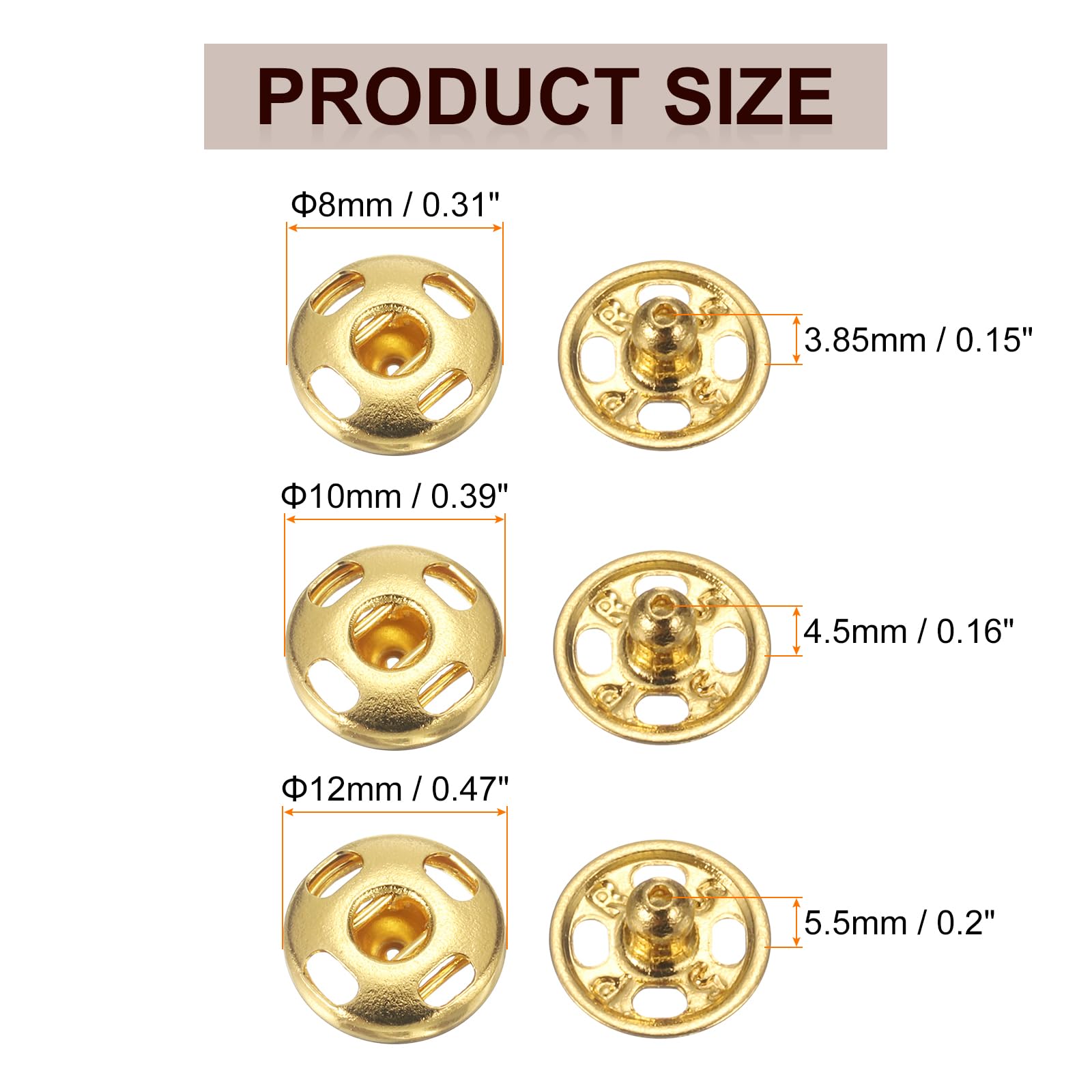 HARFINGTON Juego de 48 botones a presión para coser de 8/10/12 mm, botones de cierre a presión para cierre, bolso, ropa, costura, manualidades, color dorado