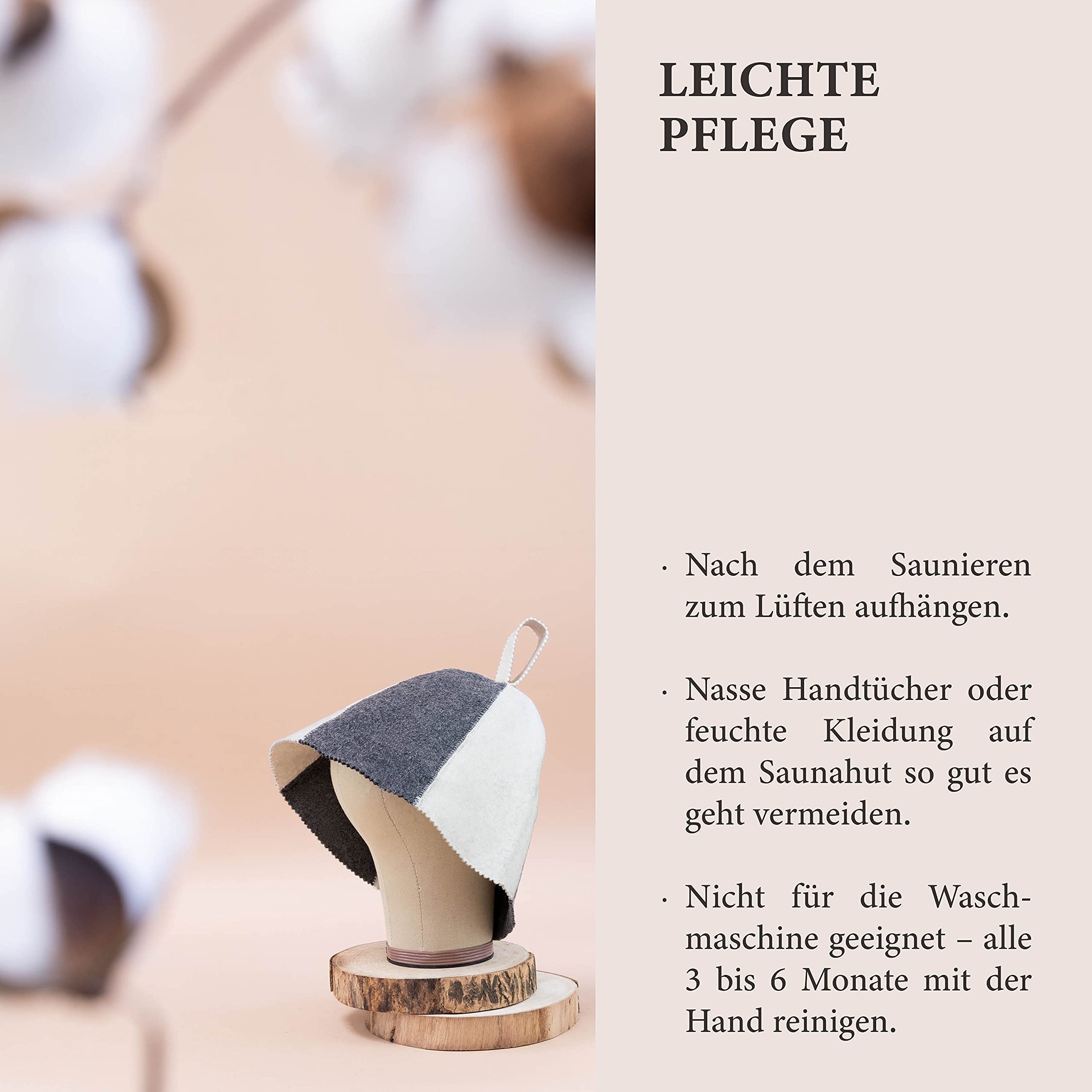 LoWell® czapka do sauny – filcowa czapka dla kobiet i mężczyzn, w zestawie poradnik użytkownika sauny – idealny dodatek do sauny dla wyjątkowego doświadczenia spa – duży rozmiar – czapka do sauny, biała/szara