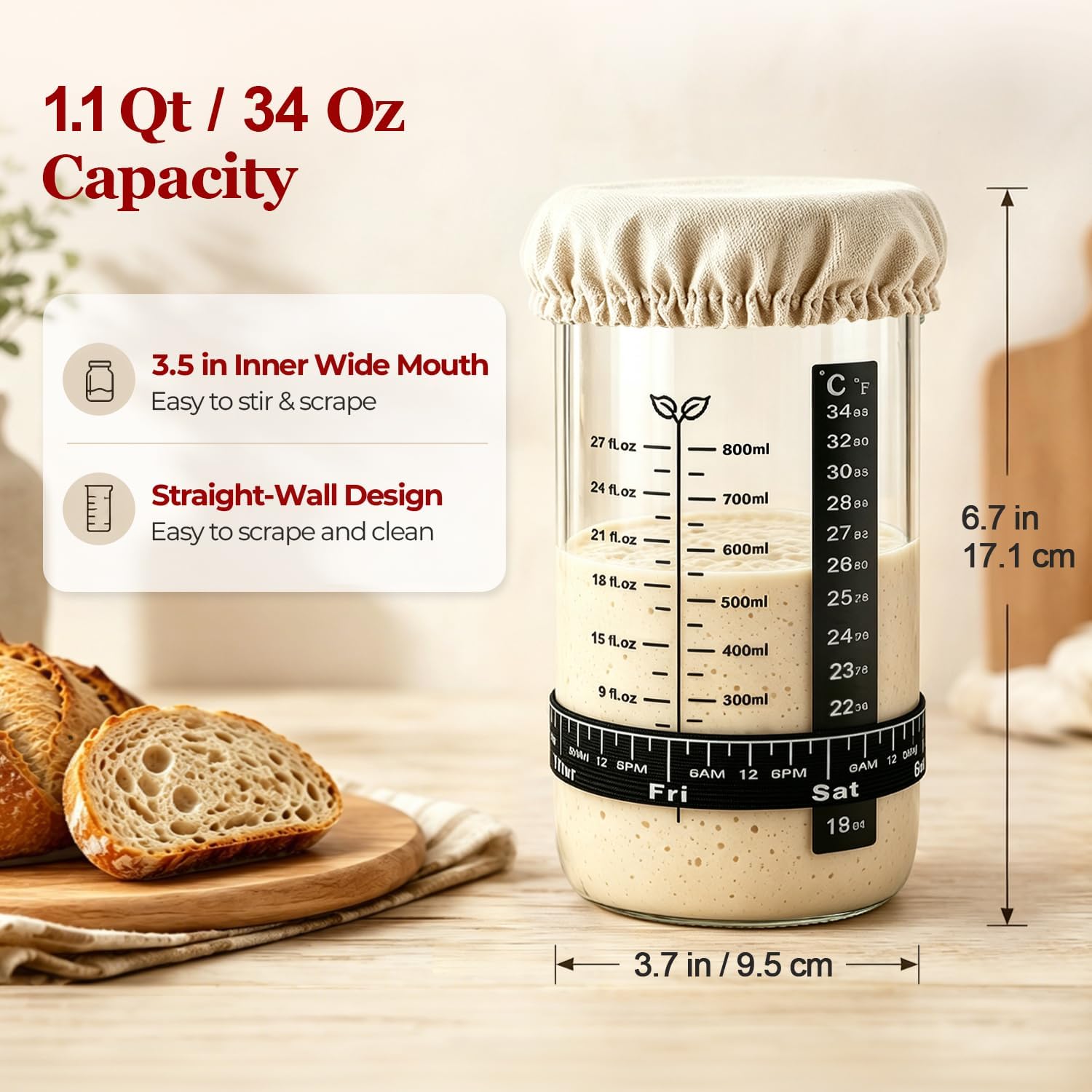 ComSaf Sourdough Starter Jar Kit 34oz(1L) 2 Pack Wide Mouth Bread Baking
