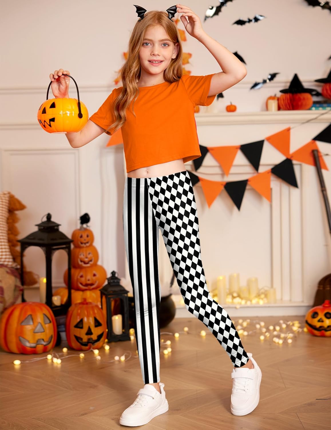Girls Halloween Stretchy Circus Clown Leggings Graphic Lightweight Elastic Band Tight Pants White & Black Stipes 9-10 Years - Image 6