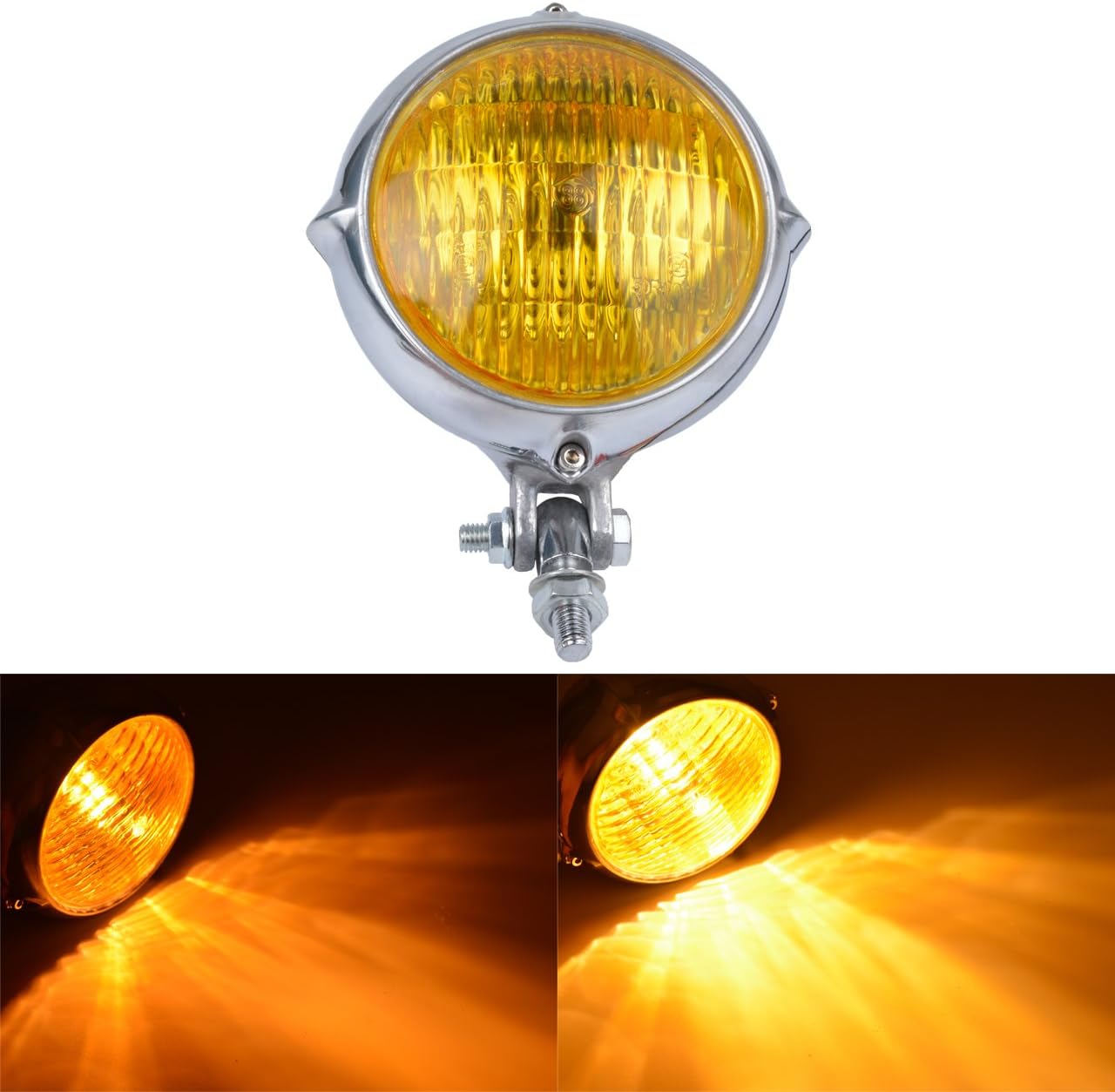 Faro Moto Retrò 6 1/2 Pollice - Nero, Lente Ambra, Alloggiamento In Metallo, Vetro, 12V 35W, Universale
