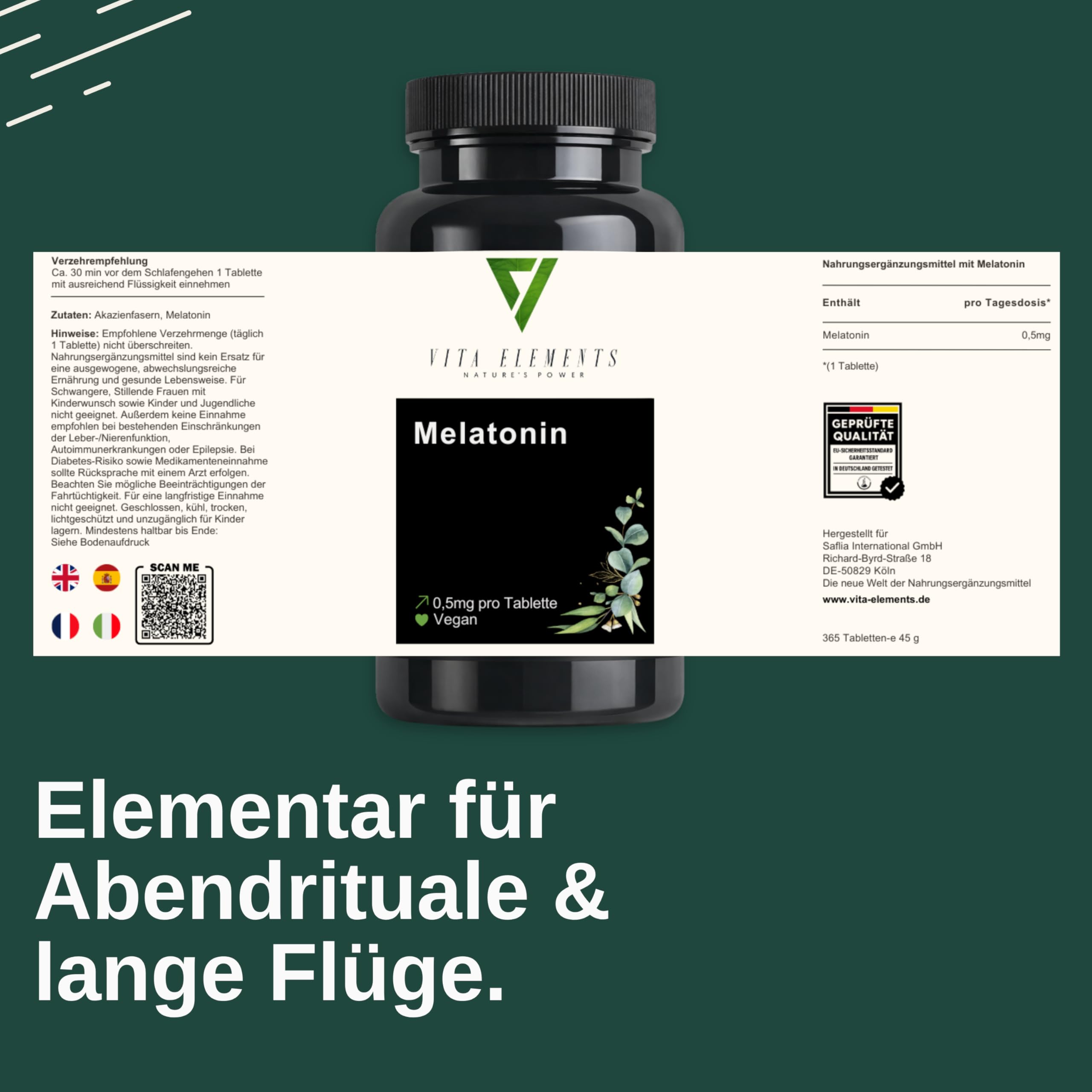 Vita Elements Melatonin - 365 Tabletten - 0,5mg Melatonin pro Tagesdosis - Jahresvorrat - Vegan - Ohne Magnesiumstearat - Laborgeprüft - Mini Tabletten