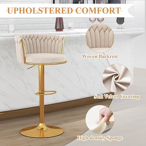 Miniatura 5 de Gold - Juego de 4 taburetes de bar giratorios de terciopelo, taburetes de mostrador de altura ajustable con respaldo tejido, taburetes de cocina