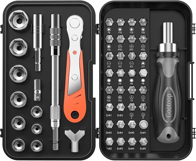 Gootoop 48 in 1 Ratchet Socket Set with Screwdriver Bit Set, Ratchet Set with Extension Bar, Bits and Sockets, Metric Tool Kit Set for Home DIY Motor Bike Repair Maintenance