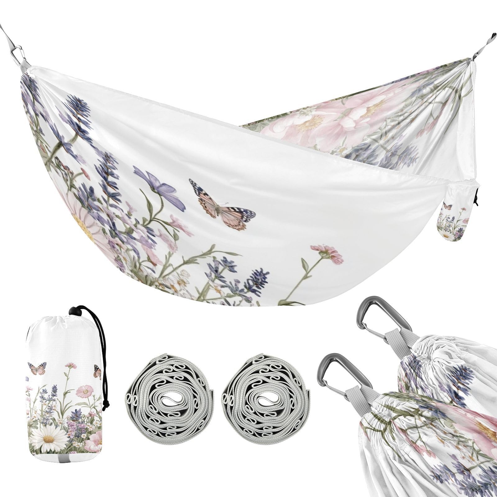 Haskirky Wildflower Butterfly Camping Hammock, Single Portable Hammocks with Tree Straps & Attached Carry Bag, 330Lbs Capacity Perfect for Outside Indoor Hiking Beach Backpack Travel