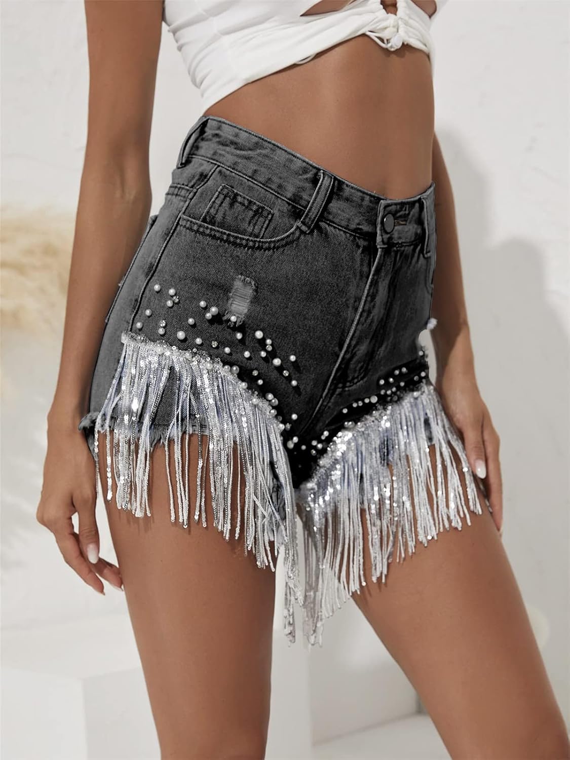 CYLADY Women High Waisted Denim Shorts Ripped Jeans Frayed Raw Hem Tassels Jean Shorts - Image 5