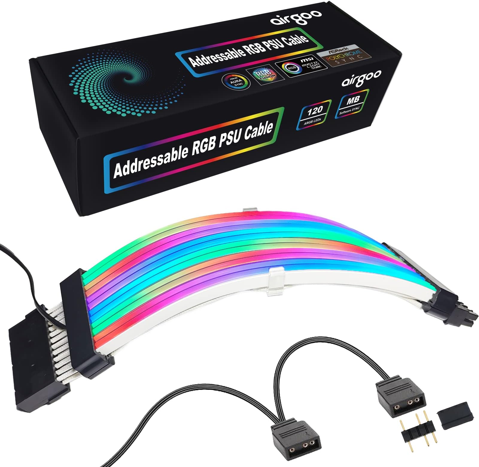 airgooAddressable RGB Power Extension Cable, 8.07 x 1.97 x 0.32 inches diffused Silicon Rubber Tube, Include ATX 24-pin 18AWG Wires, for 5V 3-pin argb Header, Black Plastic
