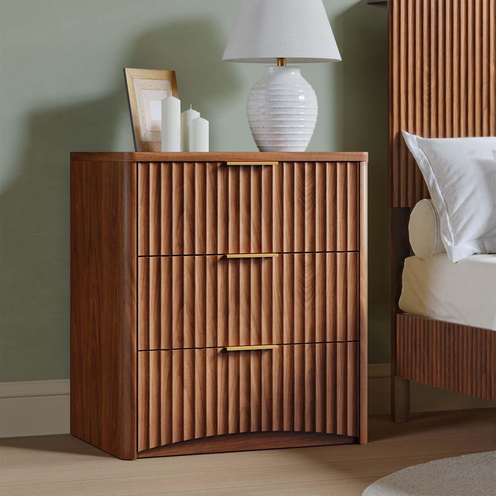 Evermagin Fluted Nightstand, Bedside Table with 3 Drawers, Walnut