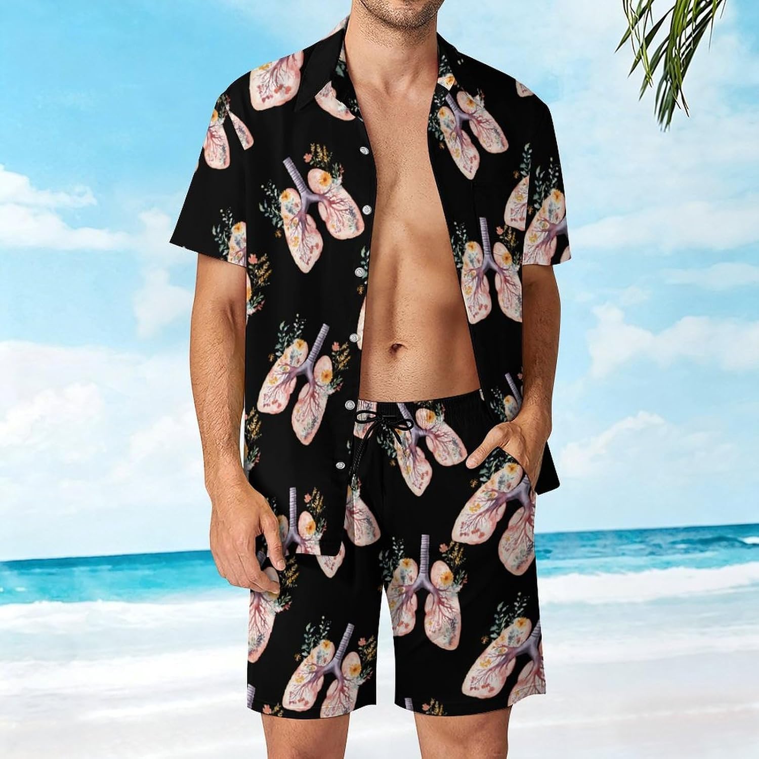 Watercolor Lungs with Flowers Summer Mens Vacation Outfits Beach Shirts Shorts Matching Set