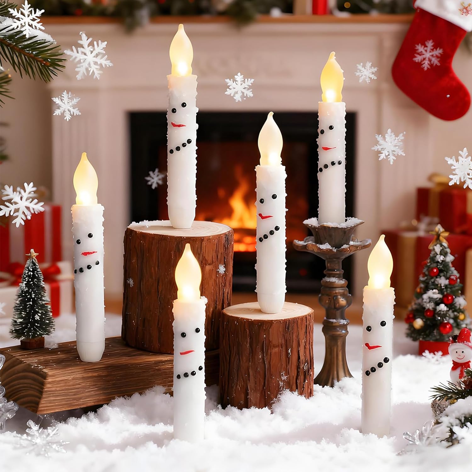 Baquler 6 Pcs Christmas Snowman Flameless Candles 6.5 Inch Short Winter Taper Candles Battery Operated LED Candlesticks for Christmas Party Table Centerpieces Xmas Winter Home Decorations