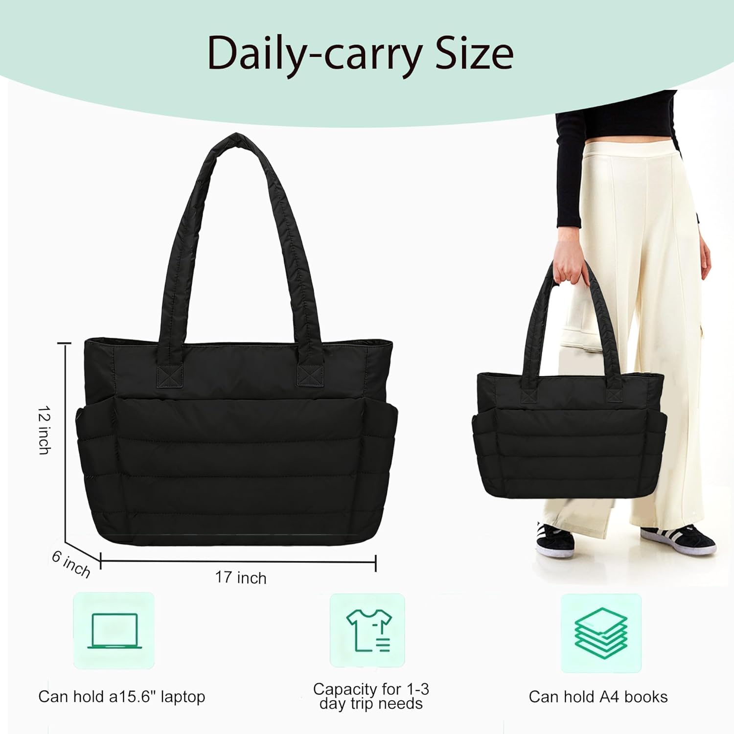 Urbanstand Tote Bag for Women - Lightweight Puffer Tote Work Bags with Compartments, Quilted Shoulder Bag for Nurse, Office, Travel, Gym, Black - Image 4