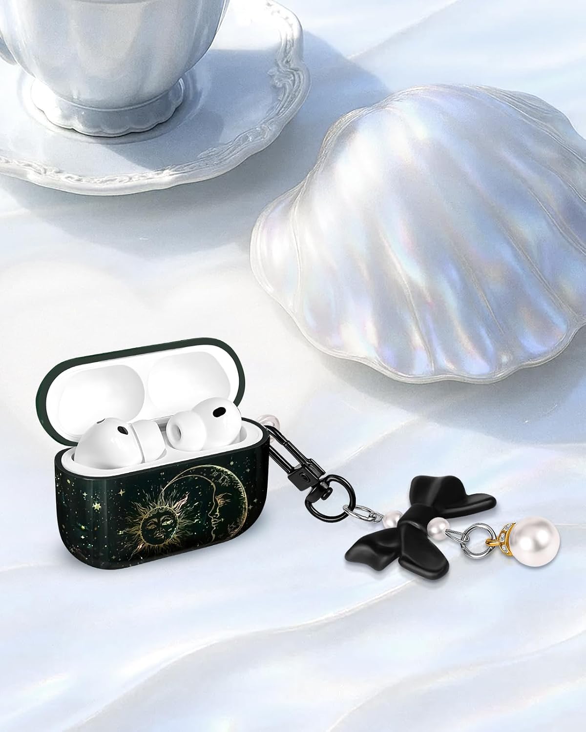 for AirPods Pro 3 Case with Bow Keychain - Cute Women Glitter Shell Design Cover Girls Girly Pretty Stylish Kawaii Girlish Protective for Apple for AirPods Pro 3 Case, Sun and Moon image 5