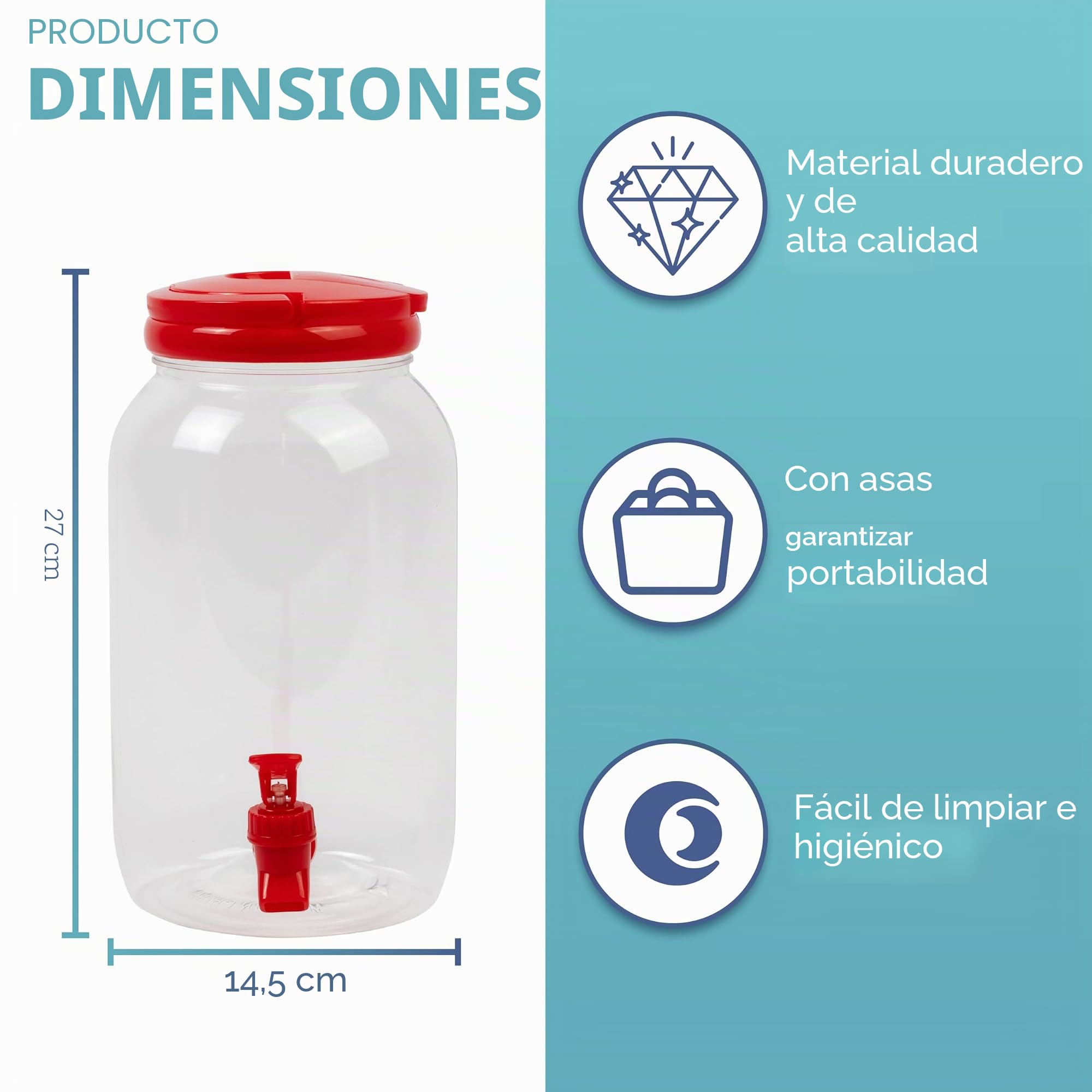 HEFTMAN Plástico Dispensador de Bebidas con Grifo - 3 Litros Paquete de 2 Dispensador de Agua Nevera Fría, Asa, Tapa de Rosca, Botella con Grifo Dispensador es Cócteles, Bebidas (Rojo)