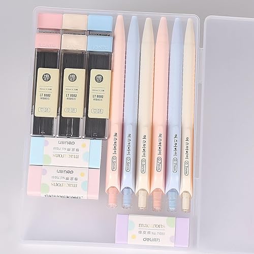 Miniatura 7 de Juego de 6 lápices mecánicos estéticos, lápices mecánicos pastel de 0.5 y 0.028 in con 6 tubos de repuestos de plomo HB, 3 borradores, suministros