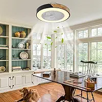 Ventilador de Teto com Luz LED 3 Cores - 6 Velocidades Silencioso, Controle Remoto Sem Fio, Design Moderno Sem Pás em Madeira Natural, (50cm, Branco e Preto) para Sala, Quarto ou Cozinha