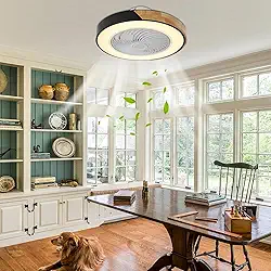 Ventilador de Teto com Luz LED 3 Cores - 6 Velocidades Silencioso, Controle Remoto Sem Fio, Design Moderno Sem Pás em Madeira Natural, (50cm, Branco e Preto) para Sala, Quarto ou Cozinha