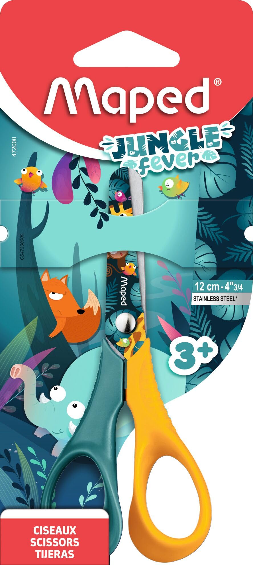 Maped – Children's Scissors – Jungle Fever Scissors – Round Tip Scissors – 12 cm Stainless Steel Blades – Ergonomic 3D Rings, Green, 472000