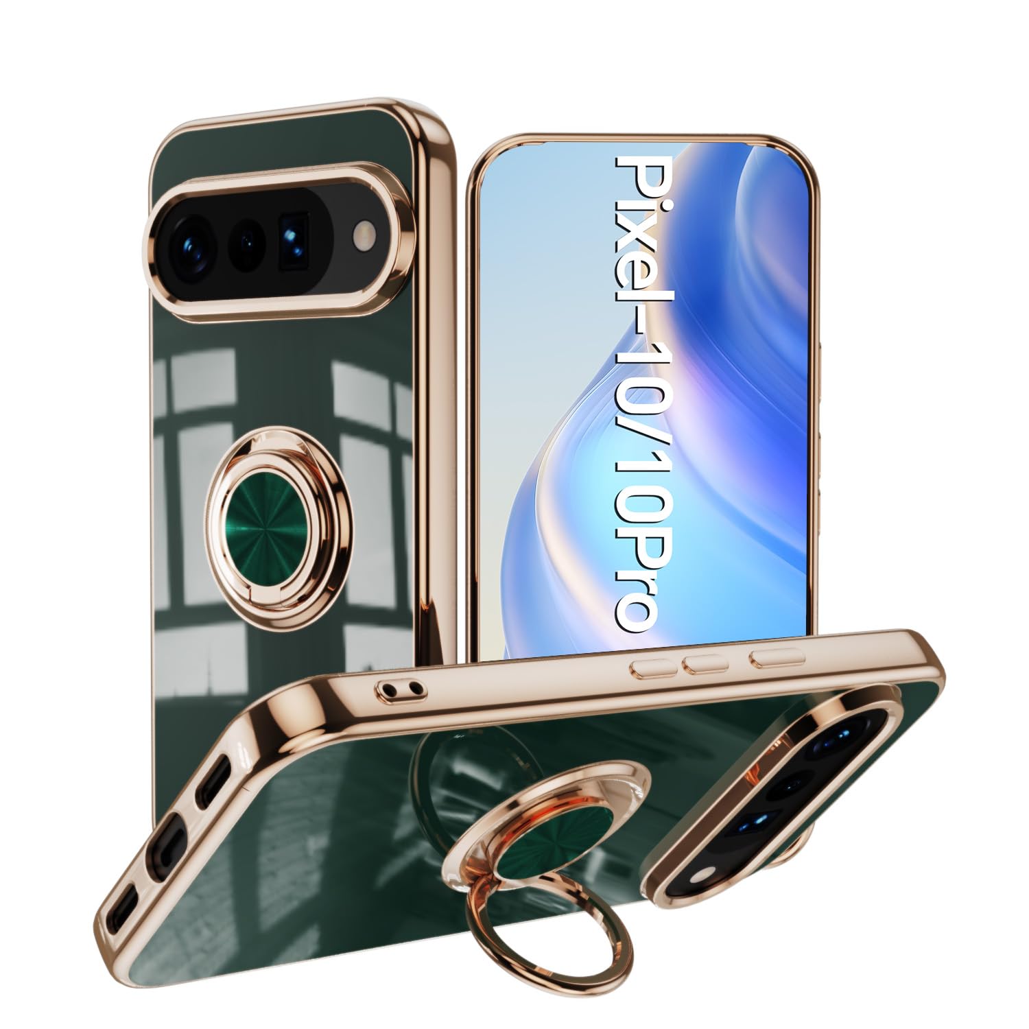 XINYEXIN Case for Google Pixel 10 Pro/Pixel 10 with Ring Stand Holder 360 Degree Rotating Kickstand Fashion Shockproof Protective Cover - Dark green