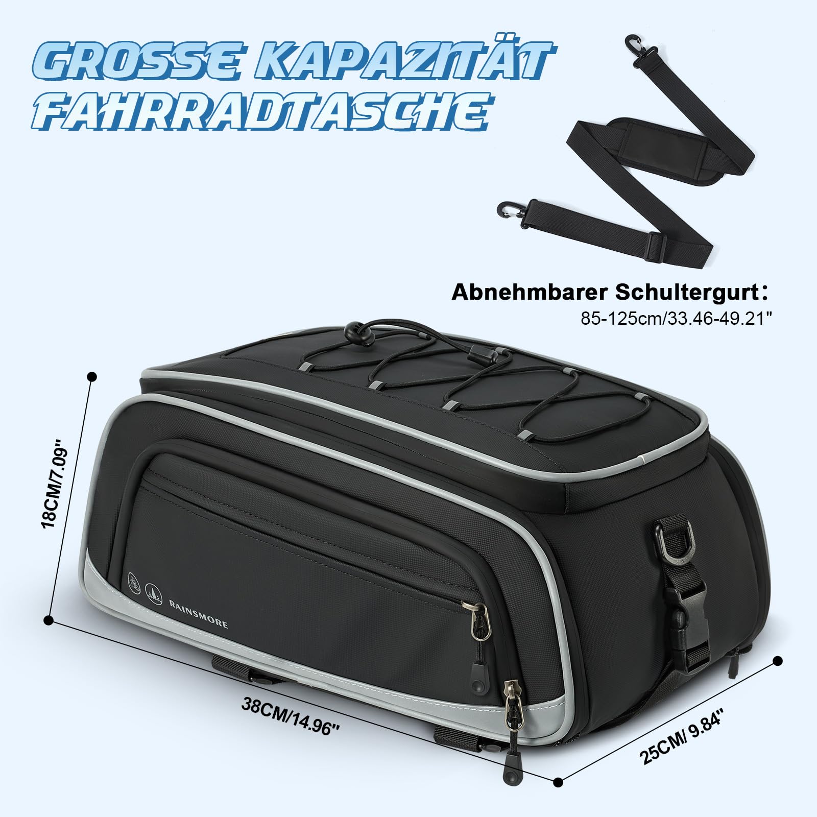 RAINSMORE Fahrradtaschen für Gepäckträger 15L-23L Erweiterbar Wasserdicht Fahrradtasche Hinten mit Reflektierend Regenschutz Fahrrad Gepäckträgertasche für E-Bike Pendler Freizeitradfahren Schwarz