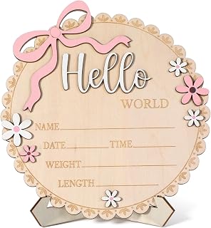 Hello World Newborn Sign, Pink Floral Bow Wooden Baby Announcement Sign with Stand Birth Welcome Board for Newborn Girls Photo Props Baby Shower Hospital Nursery