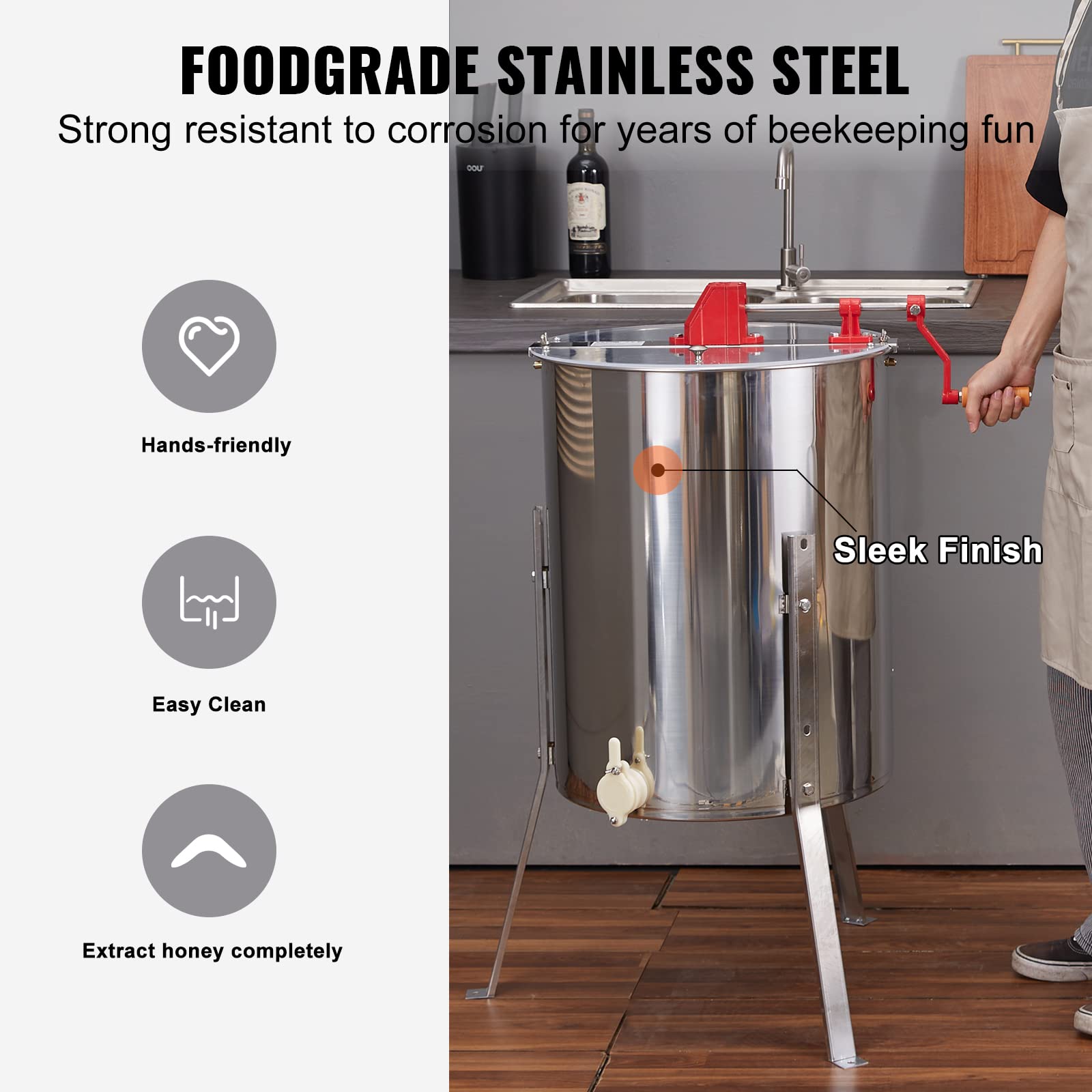 VEVOR Estrattore di Miele Manuale in Acciaio Inox Capienza Flessibile 2/4 Favi 3 Favi 4/8 Favi per Apicoltura, Smielatore Centrifuga di Miele con Coperchio Trasparente Altezza Regolabile tra 100-108cm