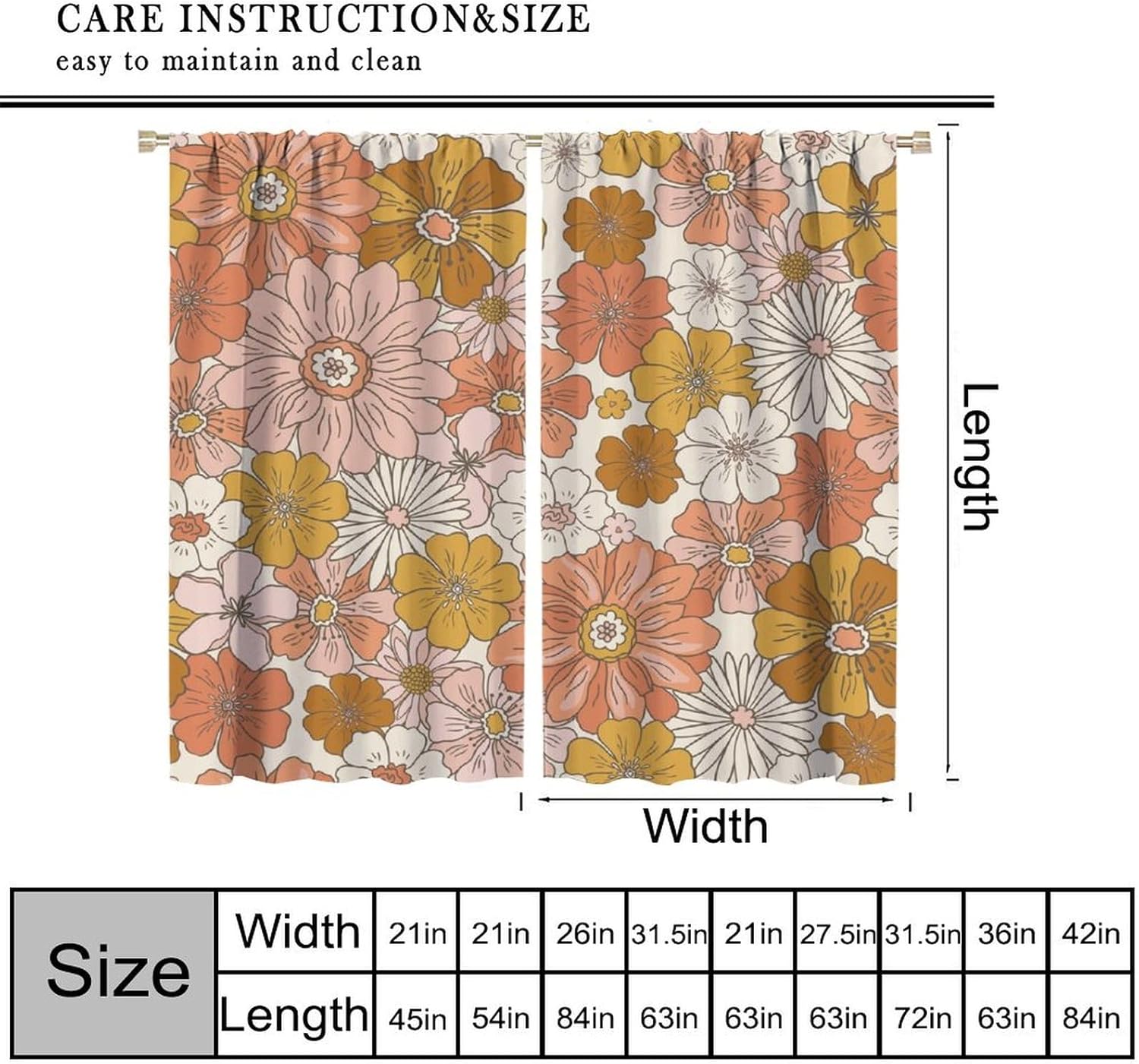 70s 60s Flower Floral Curtains, Retro Cute Flowers Pink Orange Abstract Boho Floral Pattern for Room Decor, Print Blackout Drapes for Living Room Bedroom Kitchen 2 Panel Set 21" W X 54" L