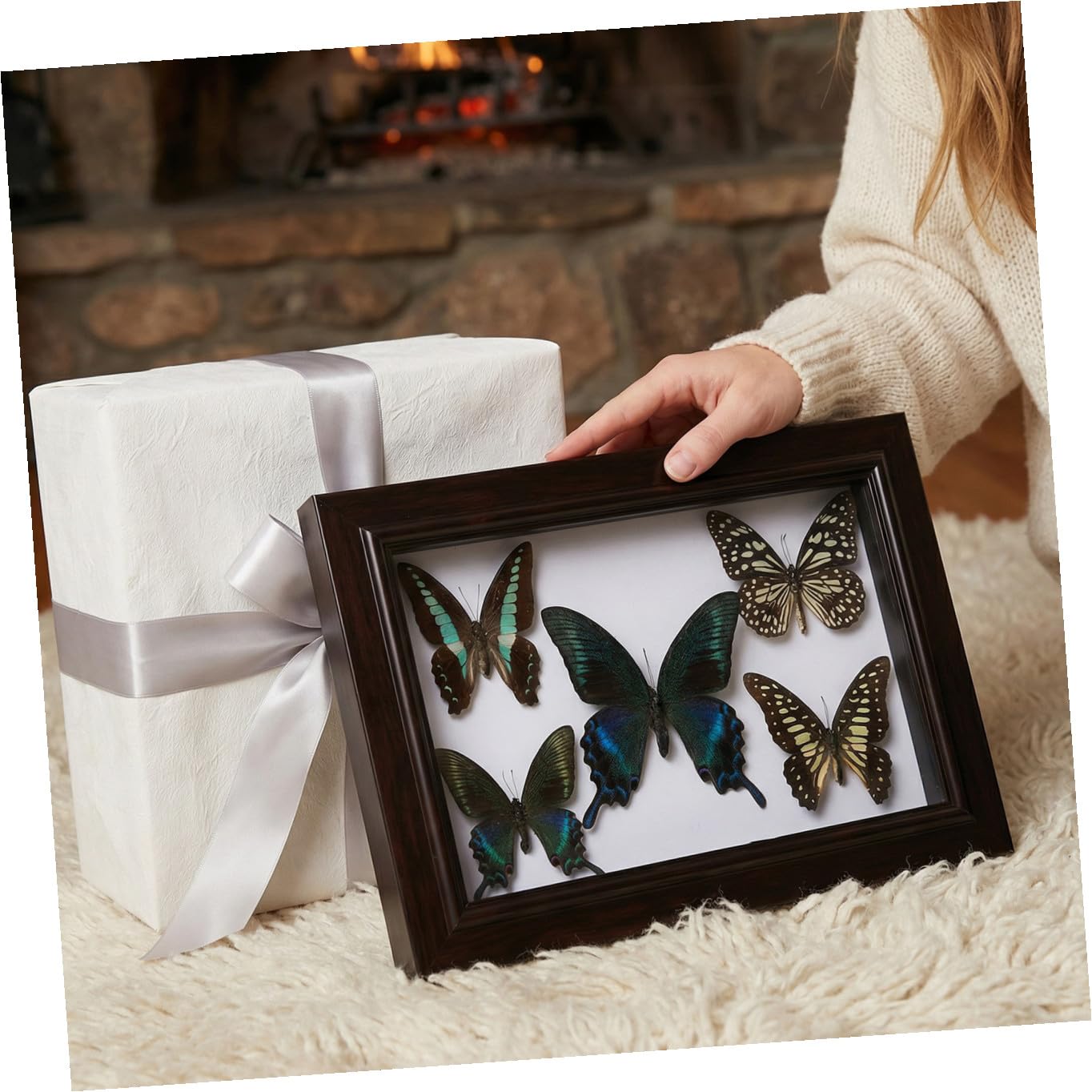 SHINEOFI Marco de Exhibición de Mariposas Disecadas A7 Decoración Mural de Madera Natural Arte Mural Hecho a Mano para Sala de Estar Cuadro Decorativo de Pared para Coleccionistas y