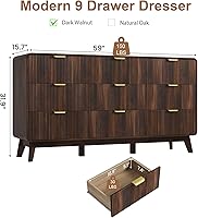 Vista 3 de QUW Cómoda moderna acanalada de 59.1 pulgadas de ancho para dormitorio con 9 cajones, cómoda alta con mango de metal, soporte de TV de madera