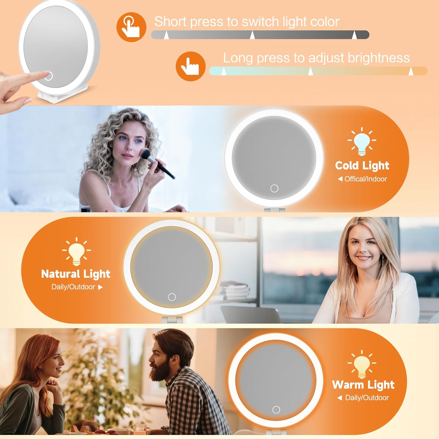 Travel Makeup Mirror with Lights, Lighted Magnifying Mirror 10X, 4-in-1 Portable for Handheld, Tabletop, Hanging and Wall Mount with Suction Cup and 3 Color Light, Ideal Gift for Women and Seniors