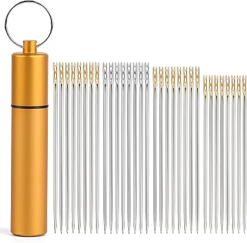 GarfxG 40pcs Self Threading Needles Easy Threading Steel Hand Sewing Needles Large Eye Sharp with A Metal Tube for Storing, Blind Handmade Sewing Embroidery Accessories