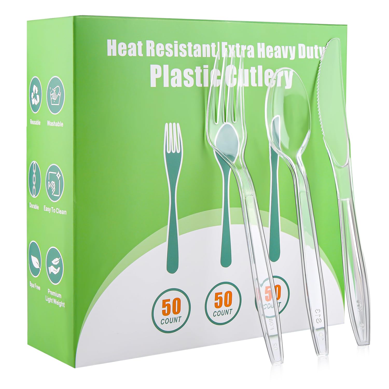 150PCS Clear Plastic Silverware Extra Heavy Duty Disposable Cutlery Set 50 Forks 50 Spoons 50 Knives BPA-Free Heat Resistant Disposable Plastic Utensils Set for Party Wedding Everyday Use