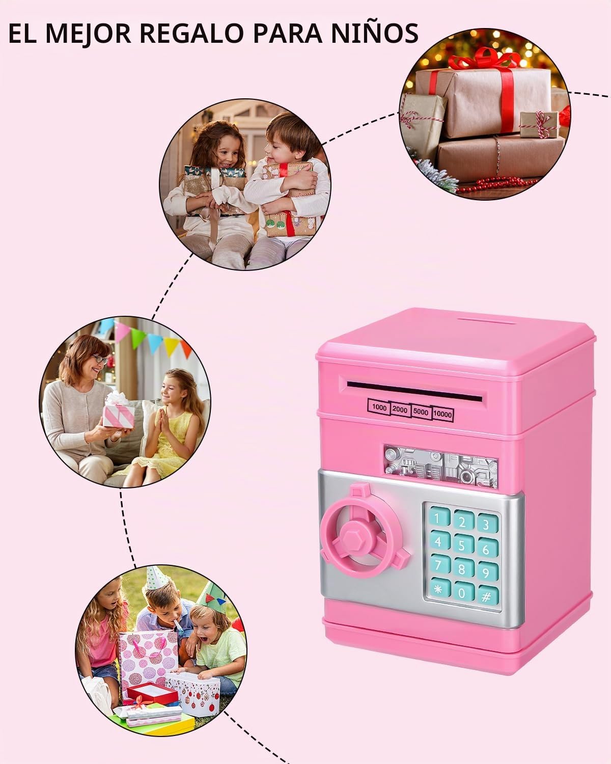Caja Fuerte Niños,Hucha electrónica,Hucha Cajero Automatico,con Bloqueo de Contraseña & Automático de Dinero,Juguete Divertido Regalo Hucha Caja Fuerte para Monedas y Billetes Rosa