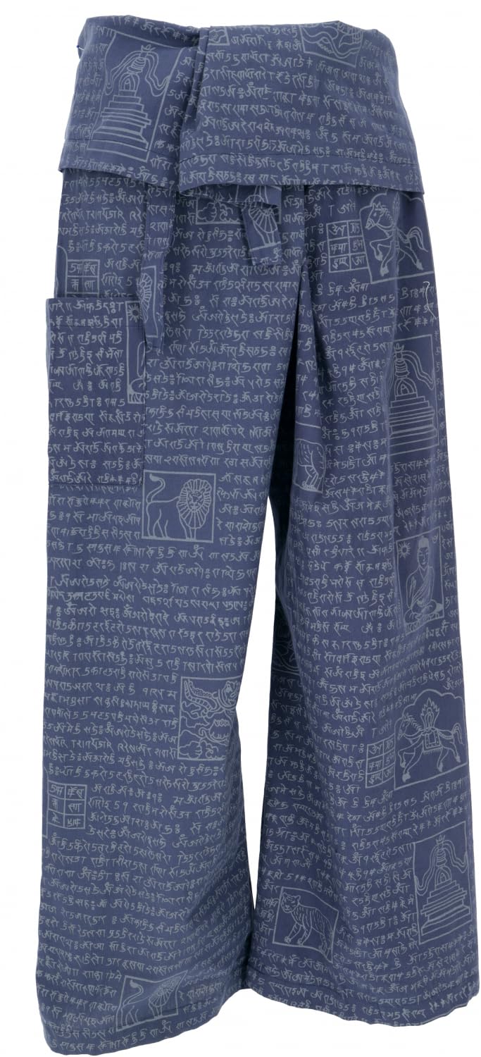 GURU SHOP Pantalon de pêche thaïlandais avec imprimé mantra en coton tissé, pantalon enveloppant, pantalon de yoga, homme/femme, vert, taille : taille unique