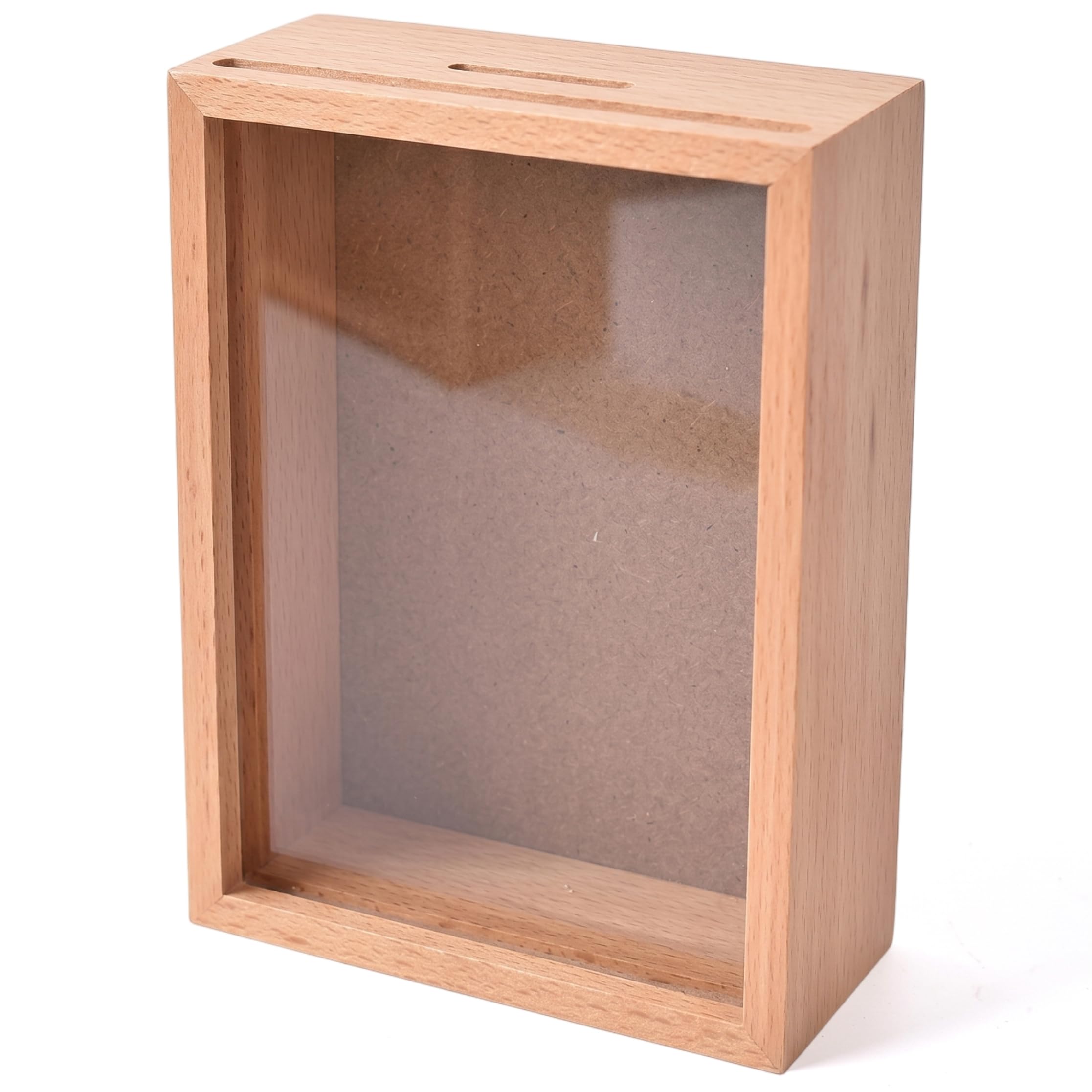 Shadow Box Piggy Bank, 5 Inch Memory Shadow Box with Coin Slot, Wooden Savings for Vacation Fund, Cash & Keepsakes, Brown