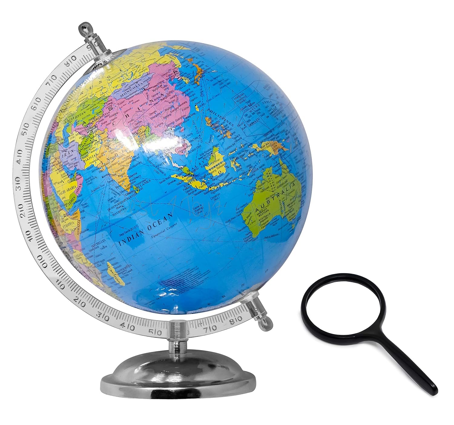 Educational World Globe with Magnifying Glass, 8 Inch Political Desktop Globe for Kids, Students, Learning, Blue Metal Stand