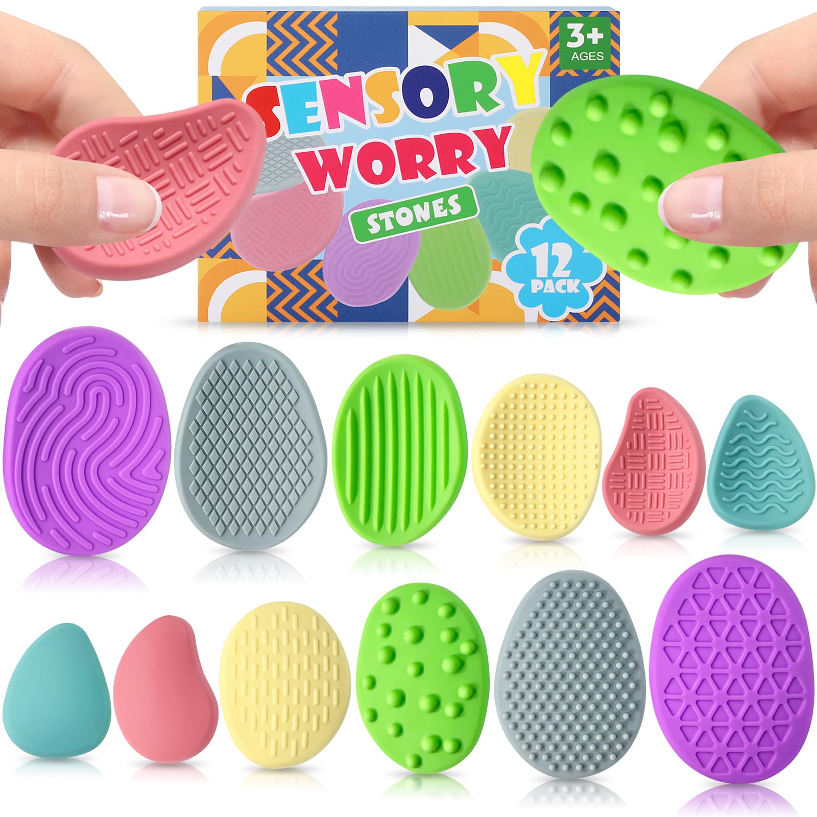 12 PCS Fidget Toys Sensory Stone for Kids Adults, Textured Soft Sensory Worry Stone Fidget Toy for Autism, Silicone Fidget Toys Worry Stone Travel Toy for Students Anxiety Relief