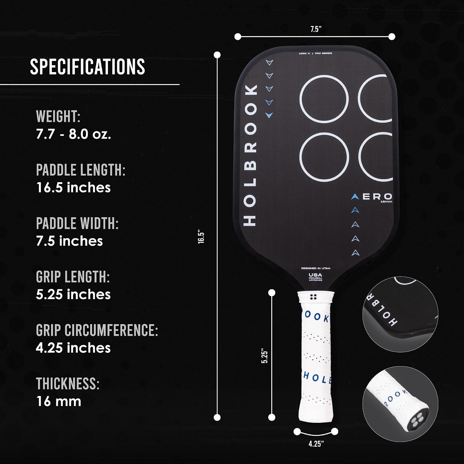 Holbrook Aero Series Edgeless Pickleball Paddle: USAPA Approved, Carbon Fiber Surface, Foam Polypropylene Core, Widened Sweet Spot, Controlled Touch
