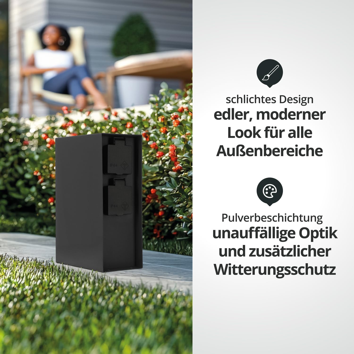 LED Universum - Enchufe de jardín "Karl" columna de corriente exterior de acero inoxidable IP44 antracita con 2 enchufes de protección de contacto y 1 enchufe CEE para campistas, autocaravanas
