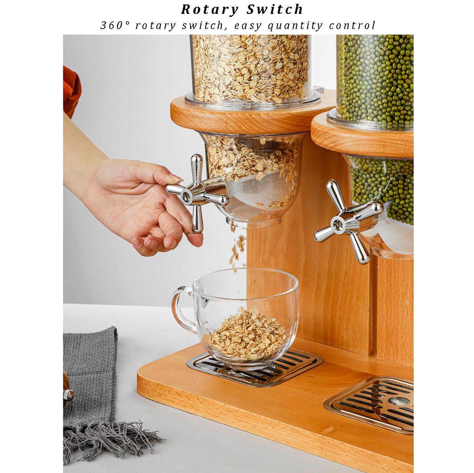 Dispenser di cereali per alimenti secchi, contenitore ermetico da cucina con base in legno e manopole rotanti per noci, legumi, caramelle e snack