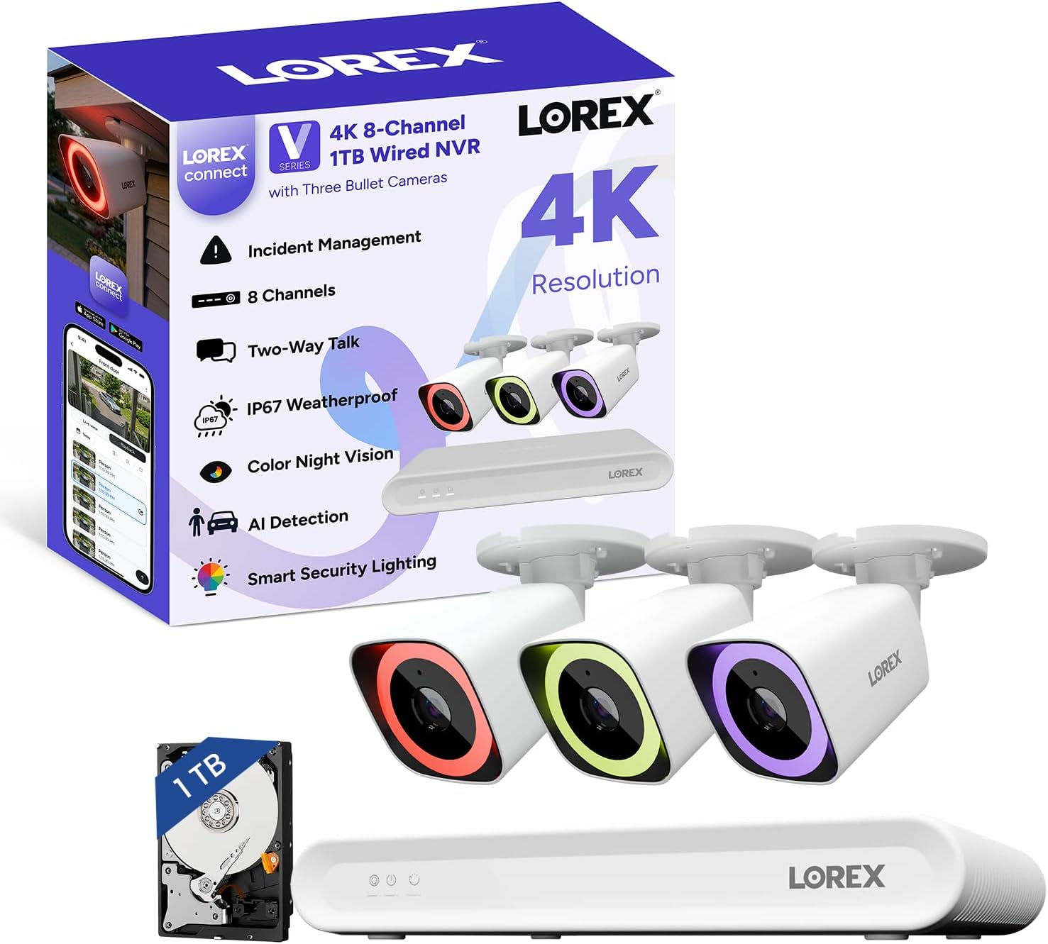Lorex Connect (New App) | V-Series | 8Ch 4K NVR System | 3 Bullet Cameras